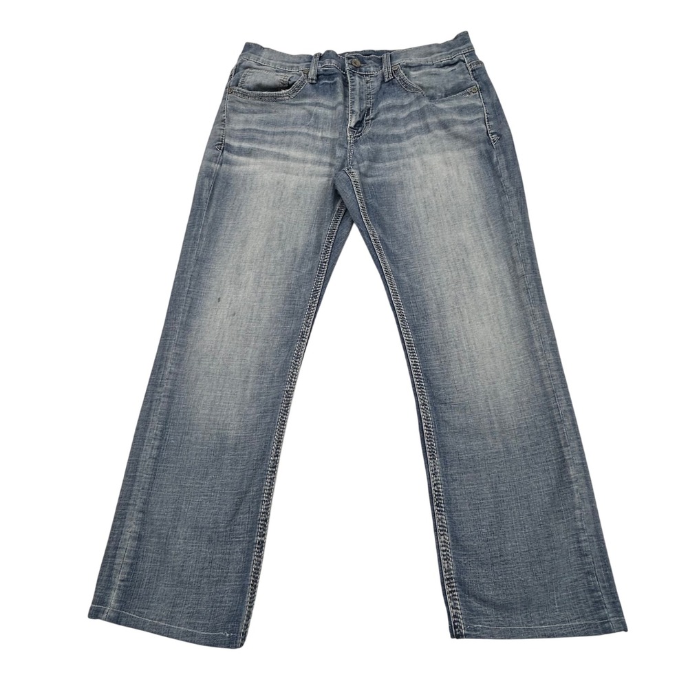 BKE Jake Straight Jeans Mens‎ 34x27 Light Wash Denim Buckle Whiskered Stretch